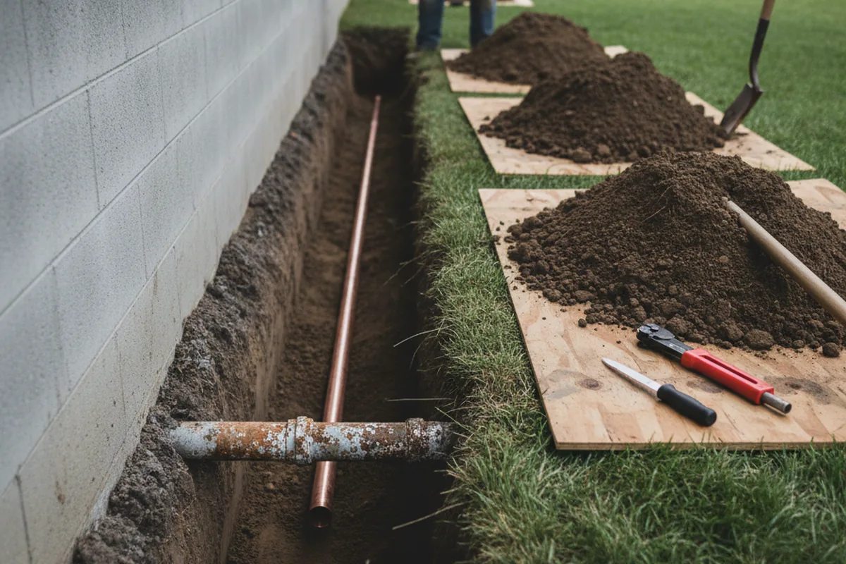 Excavated water line trench during Water Heater Repair in Waterford Works